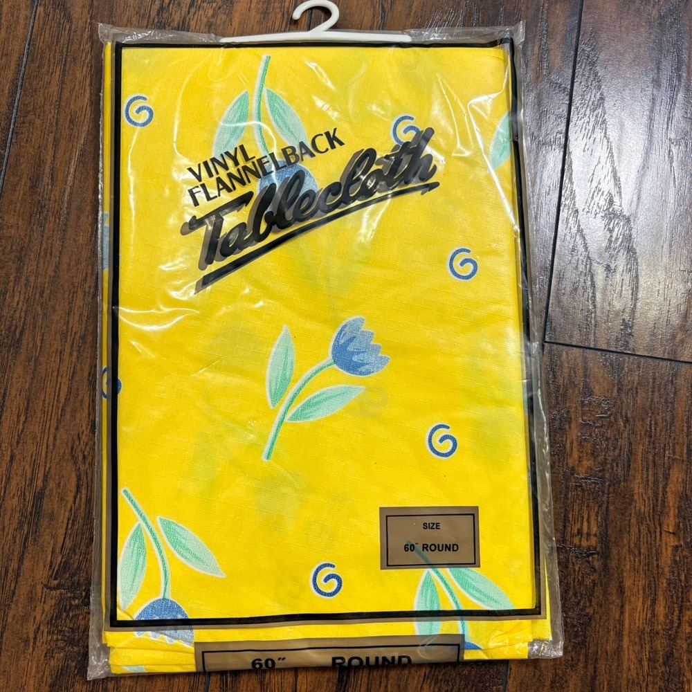 Vinyl Flannelback Tablecloth Unisex 60 Inch Round Yellow Blue Tulip Floral Retro